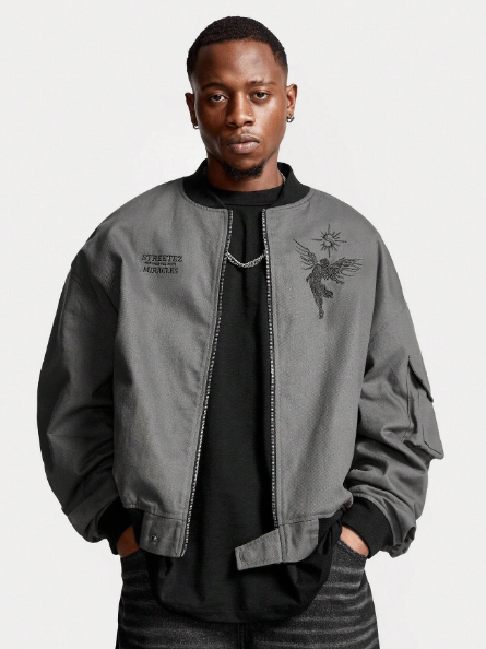 Manfinity StreetEZ Men's Zip-Up Loose Fit Graphic Print Windbreaker Jacket