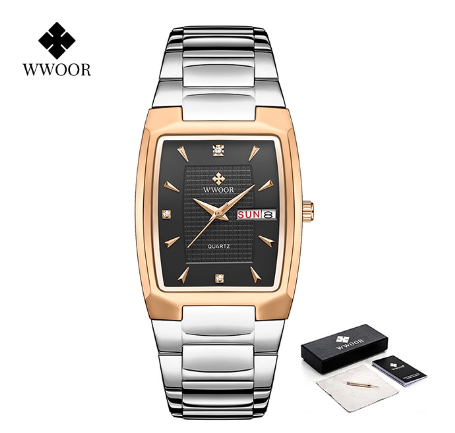 Wwoor Luxury Gold Women Bracelet Watches 2022 Design Square Ladies Dress Quartz Wristwatch BLACK DIAL ROSEGOLD CASE SILVER STRAP
