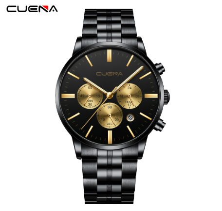 CUENA Men's Watch Original Brand Fashion Multifunction Luminous Business Sport Analog Quartz Stainless Steel Waterproof Watch BLACK GOLD