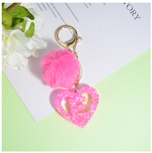 Pink Heart A-Z 26 Initials Keychain With Furball Fashion Letter Resin Keyring For Women Bag Ornaments Car Key Accessories Gifts E