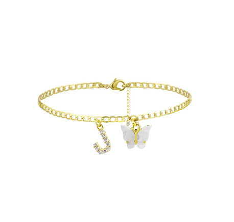 Fation Dainty Butterfly Initial Ankle Bracelets Handmade Cuban Chain White Butterfly A-Z Alphabet Letter Initial Anklets Summer Beach J