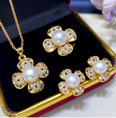 Natural Freshwater Pearl Set Vintage Premium Pendant Ring Fashion Petal Earrings