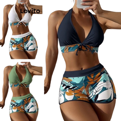 Lovito Women Sexy Plants Bow Bikini Sets LNL36108 (White/Green/Black)