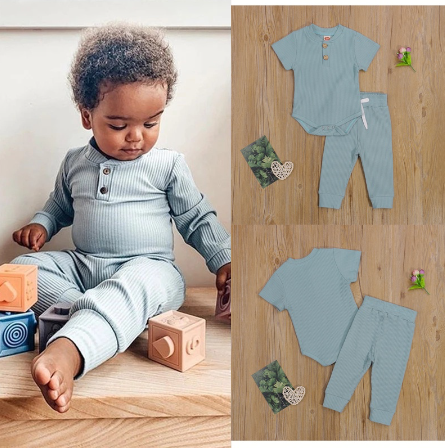 BCBL Baby Solid Romper Clothes for Girls and Boys Ribbed Short Sleeve Plus Elastic Long Pants 2 Pcs. Set