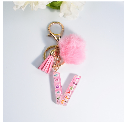 Exquisite Pink A-Z Letter Resin Keychain With Hairball 26 Initials Keyring Charms Women Bag Ornament Best Festival Gift V