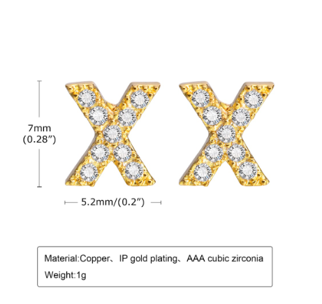 Vnox Gold Zircon Cubic Letter Stud Earrings,Initial Alphabet Small Hypoallergenic Earring One Pair X