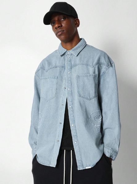 SUMWON Western Denim Shirt With Embroidery Design