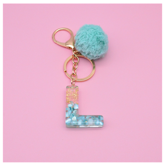 Cute Keyring Green Pompom Fur Ball 26 Letter Keychain Resin Key Chains Handbag Charms For Woman Ornaments Accessories Gift L