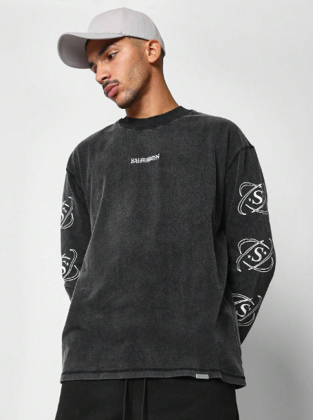 SUMWON Regular Fit Washed Shirt With Sleeve Graphic Print