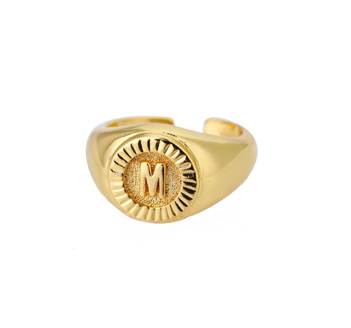 Maxzone Vintage Initial Letter Signet Rings For Women Stainless Steel Ring Round Opening Gold Letter Ring Aesthetic Wedding Jewelry Gift M