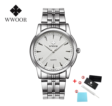 Wwoor Classic Retro Watches For Men Top Brand Waterproof Stainless Steel New Quartz Wristwatch Fashion Luxury Watch WHITE DIAL SILVER CASE STRAP