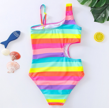 2022 Girls Swimsuit One Piece Striped Cut-out Swimwear 3-10years Bathing Suit Rainbow Oblique Shouldered Children's Swimwear