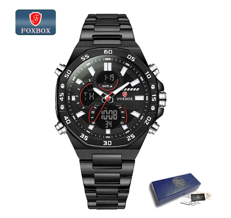 FOXBOX Luxury Men Digital Watch Fashion All Steel Dual Display Watch For Men Casual Waterproof Sports Chronograph Wristwatch BLACK