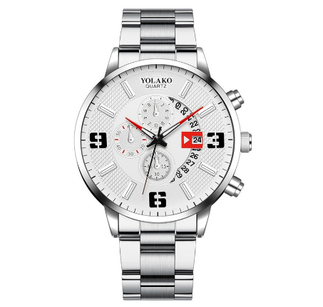 YOLAKO Stainless Steel Men's Quartz Sport Waterproof Watch Men Relo Watch STEEL SILVER WHITE