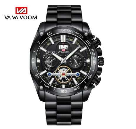 VA VA VOOM Trendy Men's Quartz Watch with Night Light Watches Calendar Wristwatches for Male BLACK
