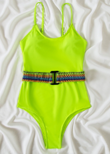 Women Bikini Solid Color Belted One-piece Backless Off Shoulder Swimsuit for Beach