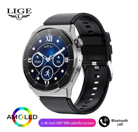 LIGE Smart Watch Men AMOLED HD Screen Heart Rate Bluetooth Call IP68 Waterproof SmartWatch For Android and Ios SILICONE SILVER
