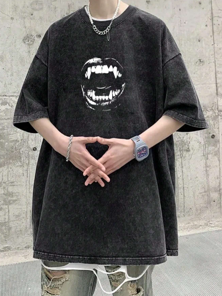 Men's Casual Fun Print Drop-Shoulder T-Shirt, Gothic Vintage Washed And Distressed, Streetwear, Casual Short Sleeve Tee, Summer
