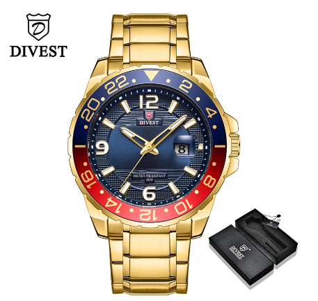 DIVEST Brand Men's Watches Fashion Waterproof Casual Sport Business Original Men Watch Quartz Calendar Luminous 9029 GOLD BLUE