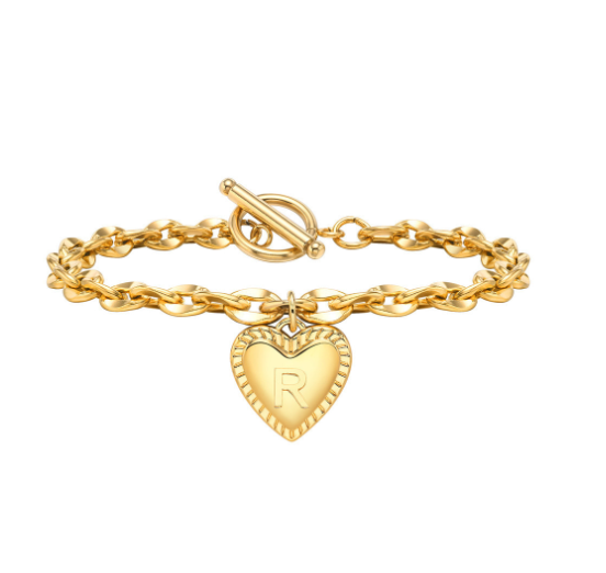 Vnox A-Z Letter Heart Charms Bracelet for Women Girl 18K Gold Elegent Love Stainless Steel Link Chain Initial Jewelry Birthday Present R