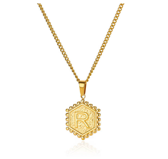 Fashion Hexagon A-Z Letter Necklaces For Women Stainless Steel Initial Hexagon Pendant Necklace R