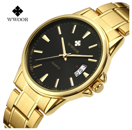 WWOOR Fashion High Quality Watch Business Waterproof Calendar Simple Luxury Men Casual Gold Watch BLACK DIAL GOLD CASE STRAP