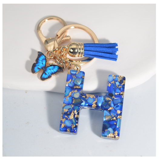 Fashion Butterfly 26 Initials Keychain Exquisite Blue Stone Filled Letter Keyrings Exquisite Alphabet Pendant Bag Ornament Gifts H