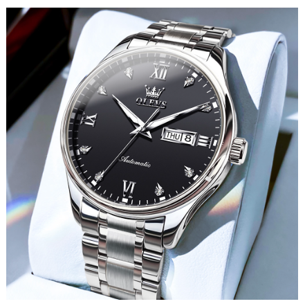 Olevs Men's Automatic Stainless Steel Watch BLACK DIAL SILVER CASE STRAP