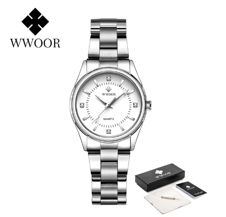 WWOOR New Luxury Watch Woman Elegant Dress Ladies Quartz Bracelet Watch For Women Clock Fashion Stainless Steel Waterproof Watch SILVER