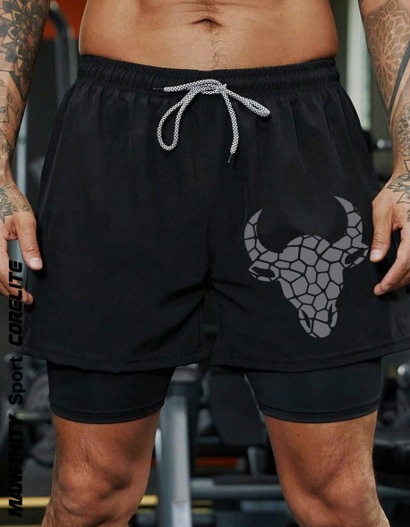 Manfinity Sport Corelite Men Summer Leisure Drawstring Waisted Running Shorts With Ox Head Print