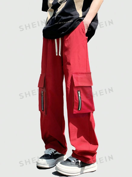 ROMWE Street Life Men's Casual Drawstring Waist Multi-Pocket Cargo Pants