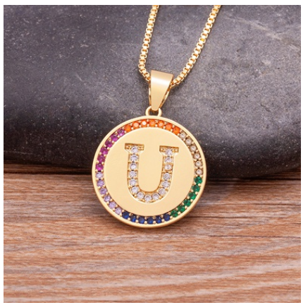 New Arrival Luxury A-Z Initial 26 Letters Pendant Charm Chain Necklaces High Quality Zircon Rainbow Jewelry U