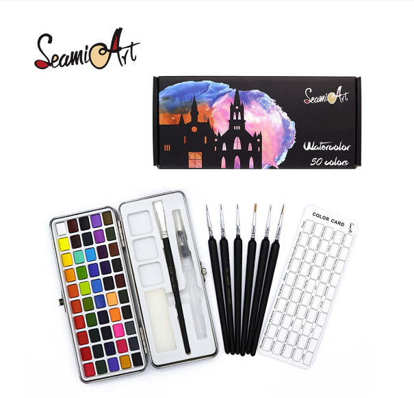 SeamiArt 50 Colors Solid Watercolor Gift Set With 6 Pcs. Detail Painting Brush