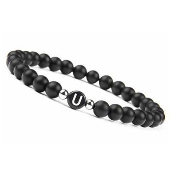 6mm Black Frosted Stone Beaded Bracelet Unisex 26 Initials Letters Name Bracelet With Elastic Rope For Couple Friendship Gifts U