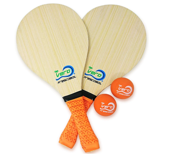 Frescobol Starter Set, 2 Vero Wood Paddles, Premium Orange Padded Grips, 2 Official Orange Balls, Beach Tote-Bag