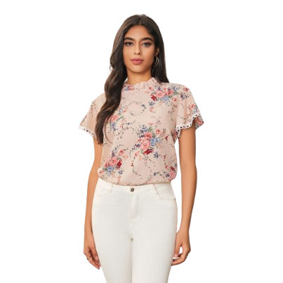 Lovito Women Casual Floral Flowers Ruffle Blouse LBA05113 (Pink)