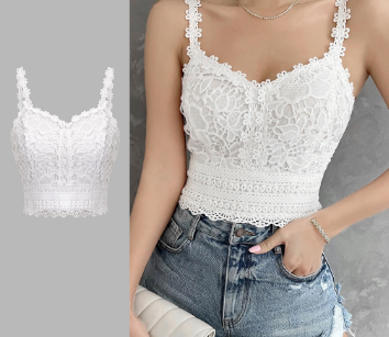 Lovito Women Casual Plain Lace Ruffle Neck Jacquard Crop Tank Top L71ED221 White