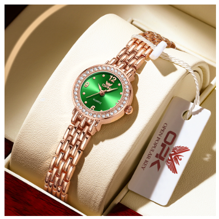 OPK Watch For Woman Waterproof Original Quartz Relo Stainless Steel Diamond Watch GREEN DIAL ROSEGOLD STRAP