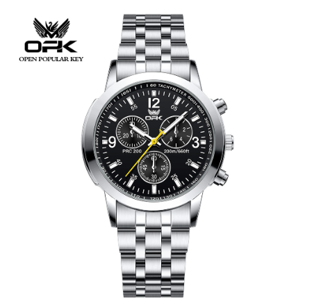 OPK Men's Watch Waterproof Original Quartz Luminous Calendar Stainless Steel Watch BLACK DIAL SILVER STRAP