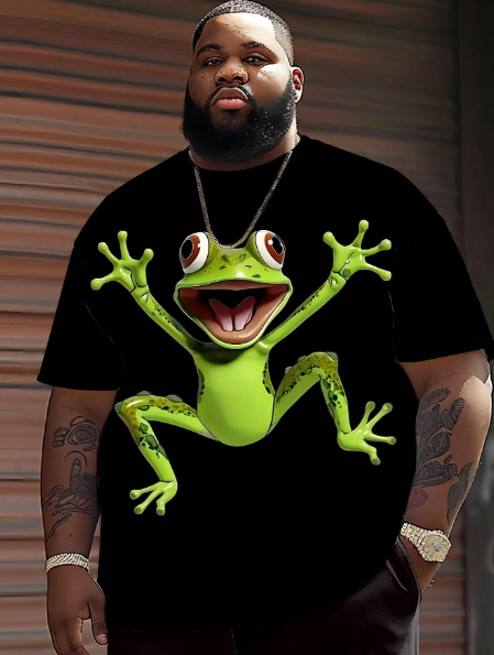 Plus Size Men's Trendy Letter & Cartoon Print Round Neck Short Sleeve Casual T-Shirt, Summer