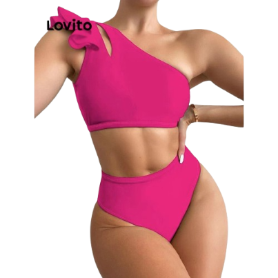 Lovito Women Elegant Plain Ruffle Bikini Sets LNL37118 (Hot Pink)