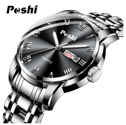 POSHI Original Men Wristwatch Automatic Week Calendar Waterproof Luxury Quartz Watch SILVER BLACK