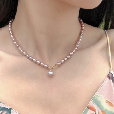 Purple Rice Freshwater Pearl Necklace Clavicular Chain for Women
