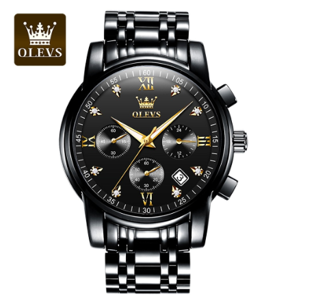 Olevs Watch For Men Quartz Waterproof Multifunction Chronograph Gentleman Stainless Steel Business Watch ALL BLACK
