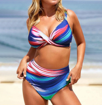 Women's Sexy Printed Wireless High Waist Split Swimsuit Bikini Beachwea