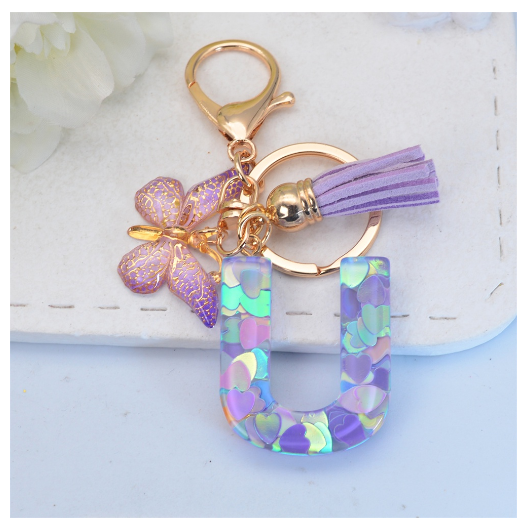 Sparkling 26 Letter Keychain With Butterfly Pendant Exquisite Heart Sequin Filled A-Z Initials Keyrings Bag Pendant Charms Gifts U