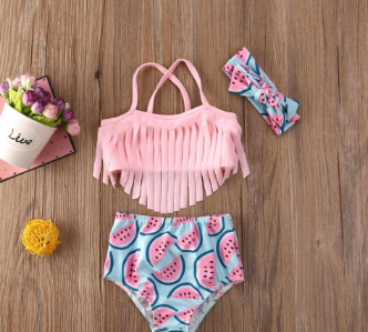 Baby Girl 3 Pieces Bikini Sets, Tassel Sling Crop Tops + Watermelon Printed Shorts + Headband Swimsuits Outfit
