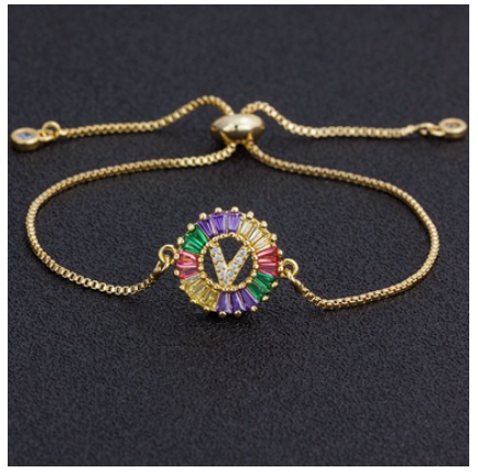 New Fashion A-Z Initial Colorful Cubic Zircon Letter Bracelets Adjustable Chain Rainbow Jewelry V