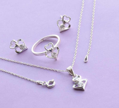 Italy Sterling Silver Double Heart Ladies Set