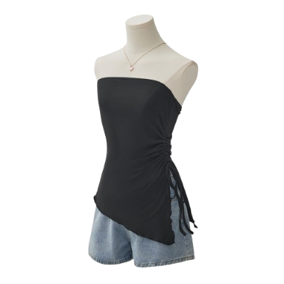 Lovito Women Casual Plain Asymmetrical Drawstring Tank Top L68ED053 (Black)